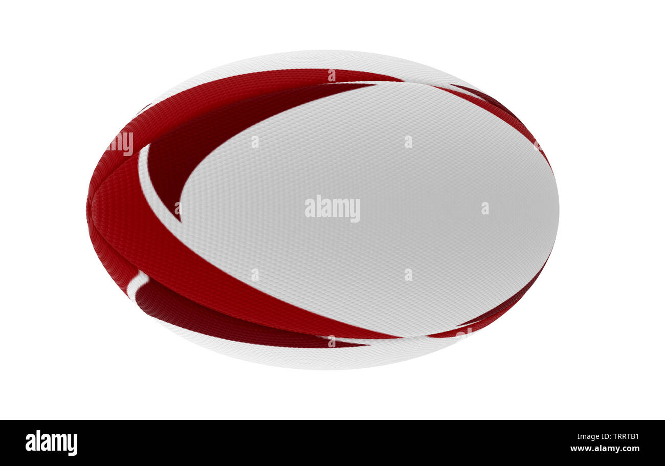 Eine weiße strukturierte rugby ball mit roten Designelementen auf einem isolierten weißen Hintergrund - 3D-Rendering Stockfoto