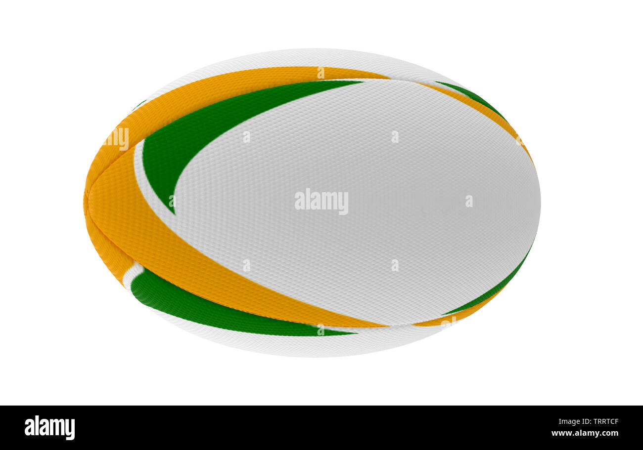 Eine weiße strukturierte rugby ball mit grün und gelb gedruckten Design Elemente auf einem isolierten weißen Hintergrund - 3D-Rendering Stockfoto
