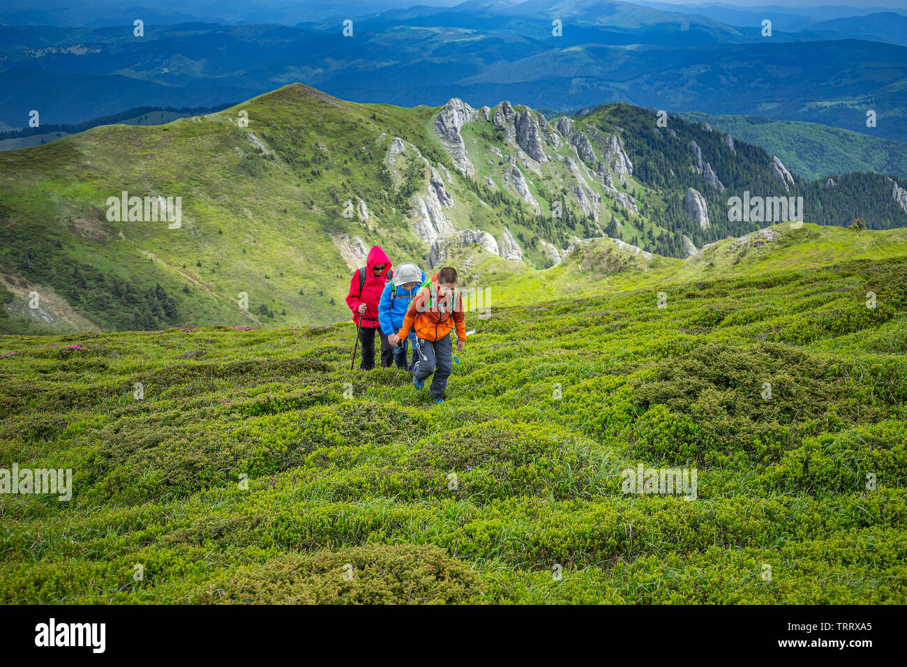 Familie in einem Hikking Tag klettern den Hügel hinauf Stockfoto