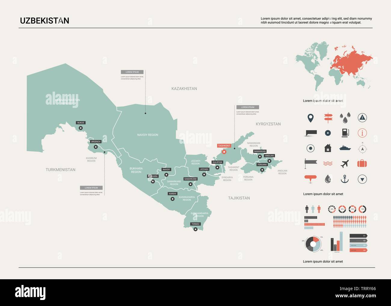 Vektor Karte von Usbekistan. Land Karte mit Division, Städte und Hauptstadt Taschkent. Politische Landkarte, Weltkarte, infografik Elemente. Stock Vektor