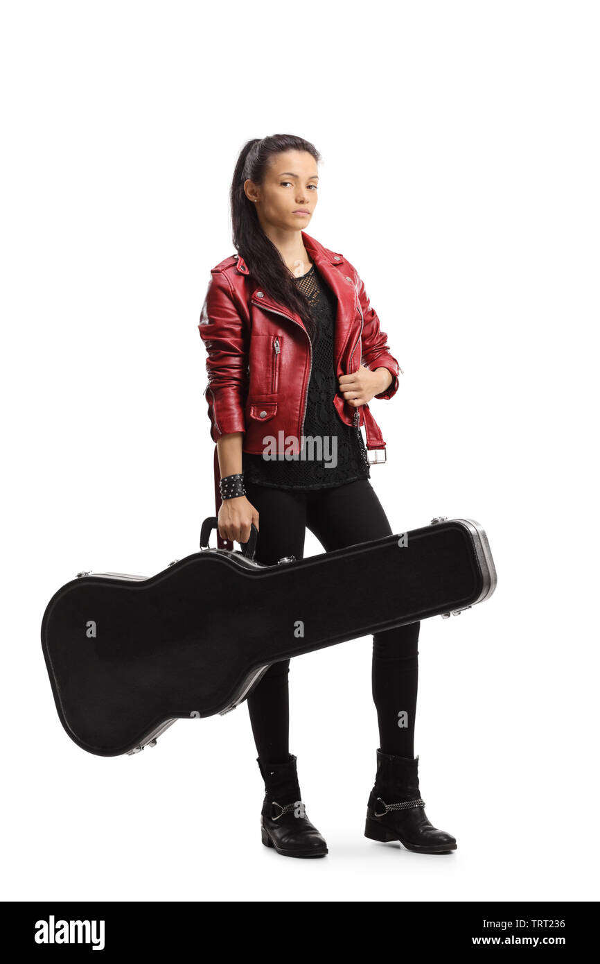 In voller Länge Porträt eines weiblichen Musiker mit einer E-Gitarre auf weißem Hintergrund posiert Stockfoto