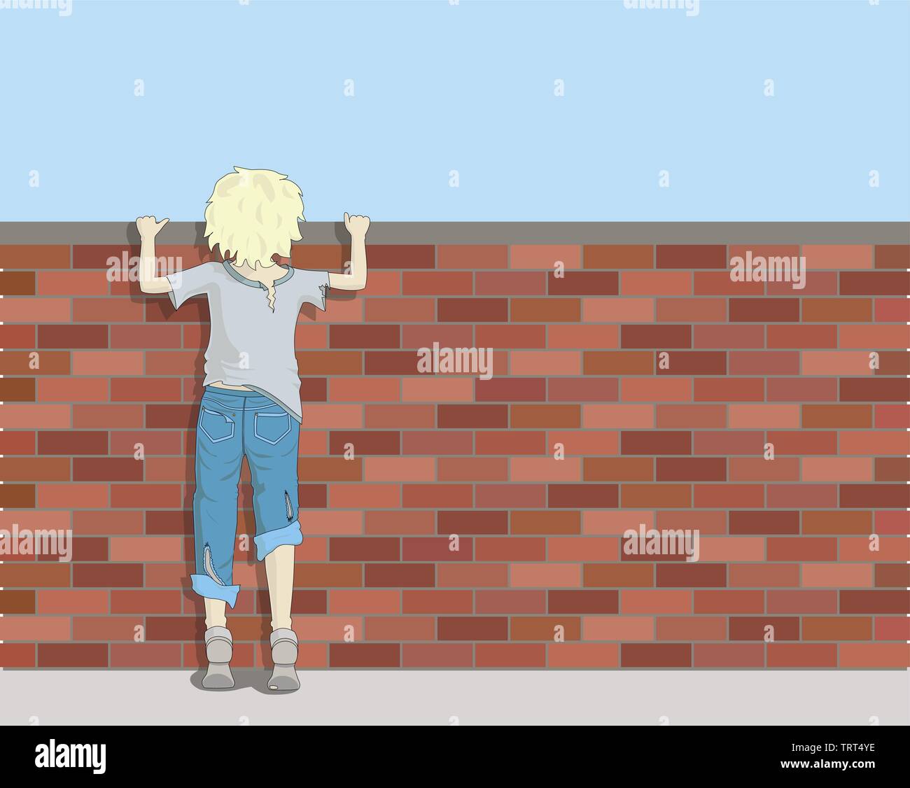 Ein armer Junge in zerlumpter Kleidung blickt auf eine Mauer aus Stein Stock Vektor