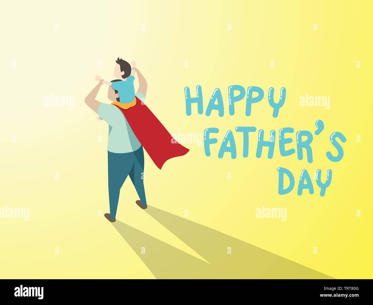 Der Vektor der happy Vatertag Grußkarte. Vati in der Superhelden Kostüm, Sohn Fahrt auf der Schulter mit Tag Text gerne Vater auf gelbem Hintergrund Stock Vektor