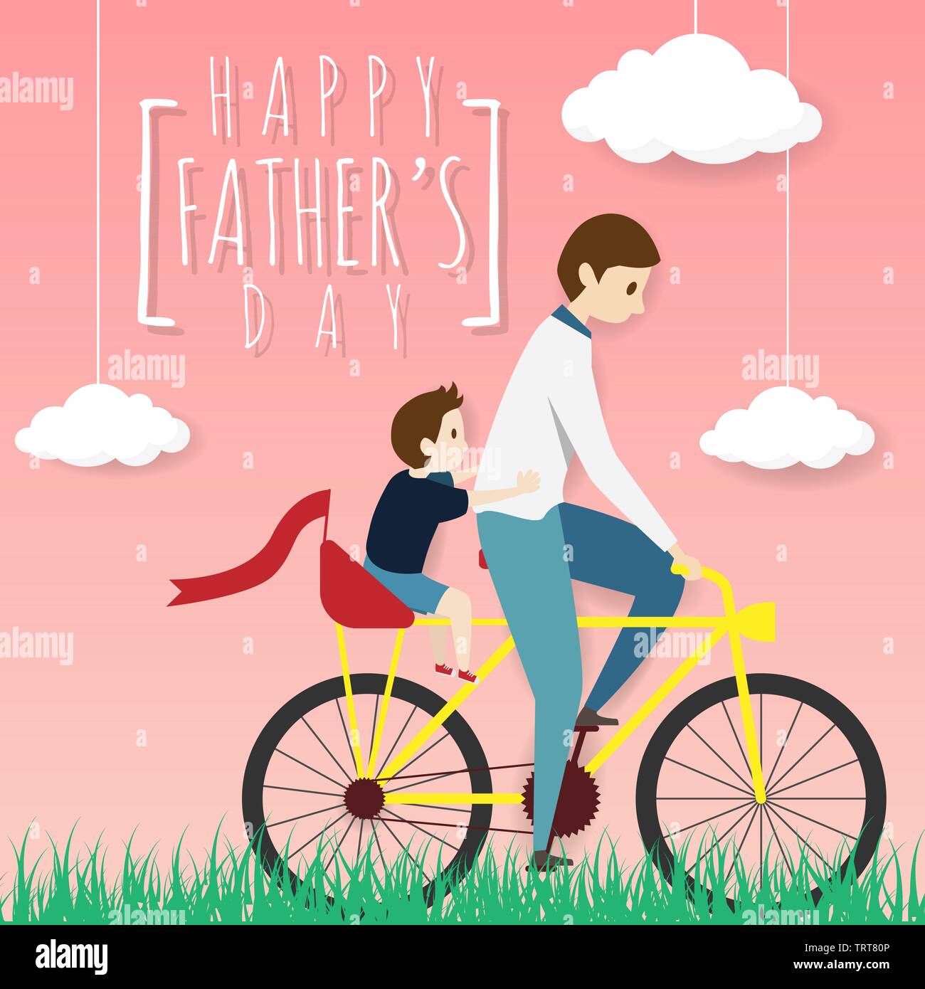 Der Vektor der happy Vatertag Grußkarte. Vater radfahren Fahrrad mit seinem Sohn fahren mit Sozius, Reiten im Gras Feld mit weißen Wolken auf Rosa b Stock Vektor