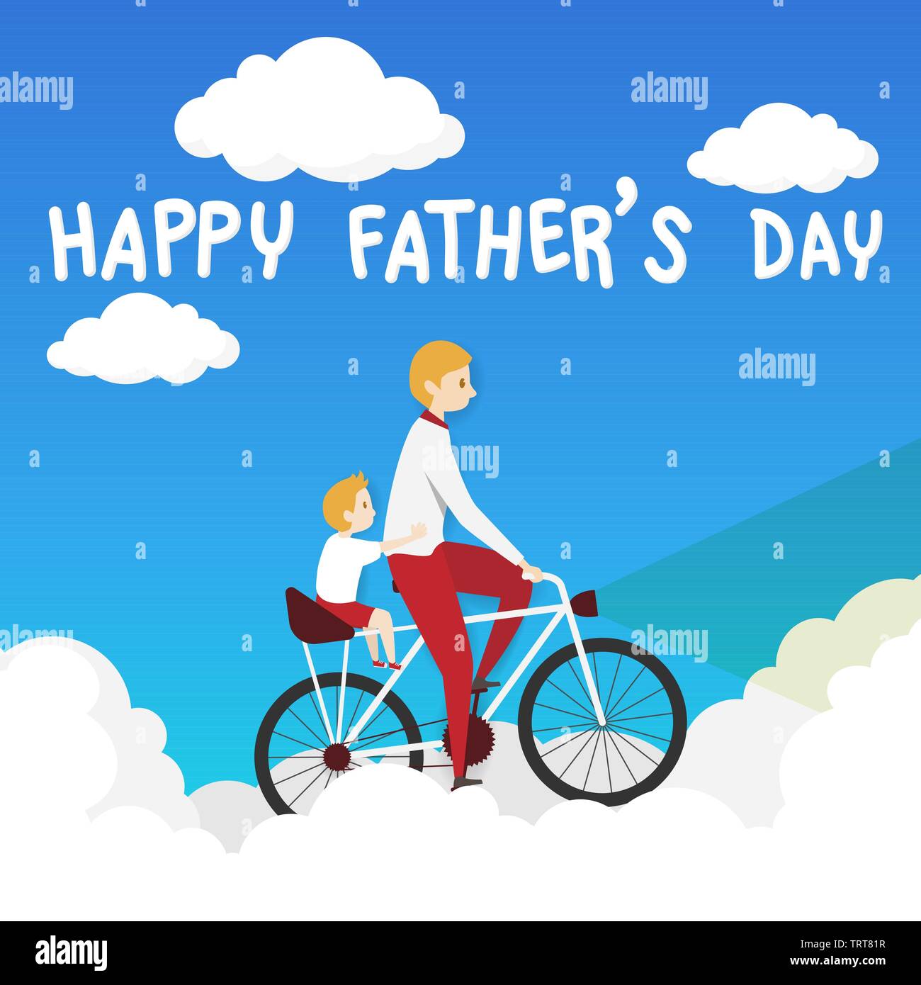 Der Vektor der happy Vatertag Grußkarte. Vater radfahren Fahrrad mit seinem Sohn fahren mit Sozius, Reiten über die weiße Wolke auf blauem Hintergrund. Stock Vektor