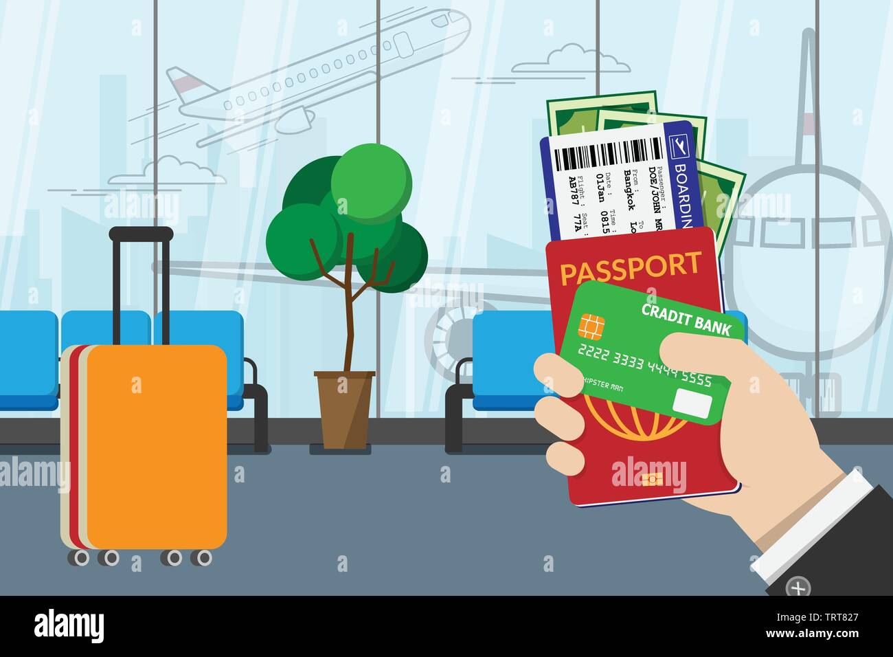 Business Mann, Pass, Bordkarte, Taschengeld und Kreditkarte, für Reisen mit Gepäck und Flughafen Terminal am Hintergrund vecto vorbereiten. Stock Vektor