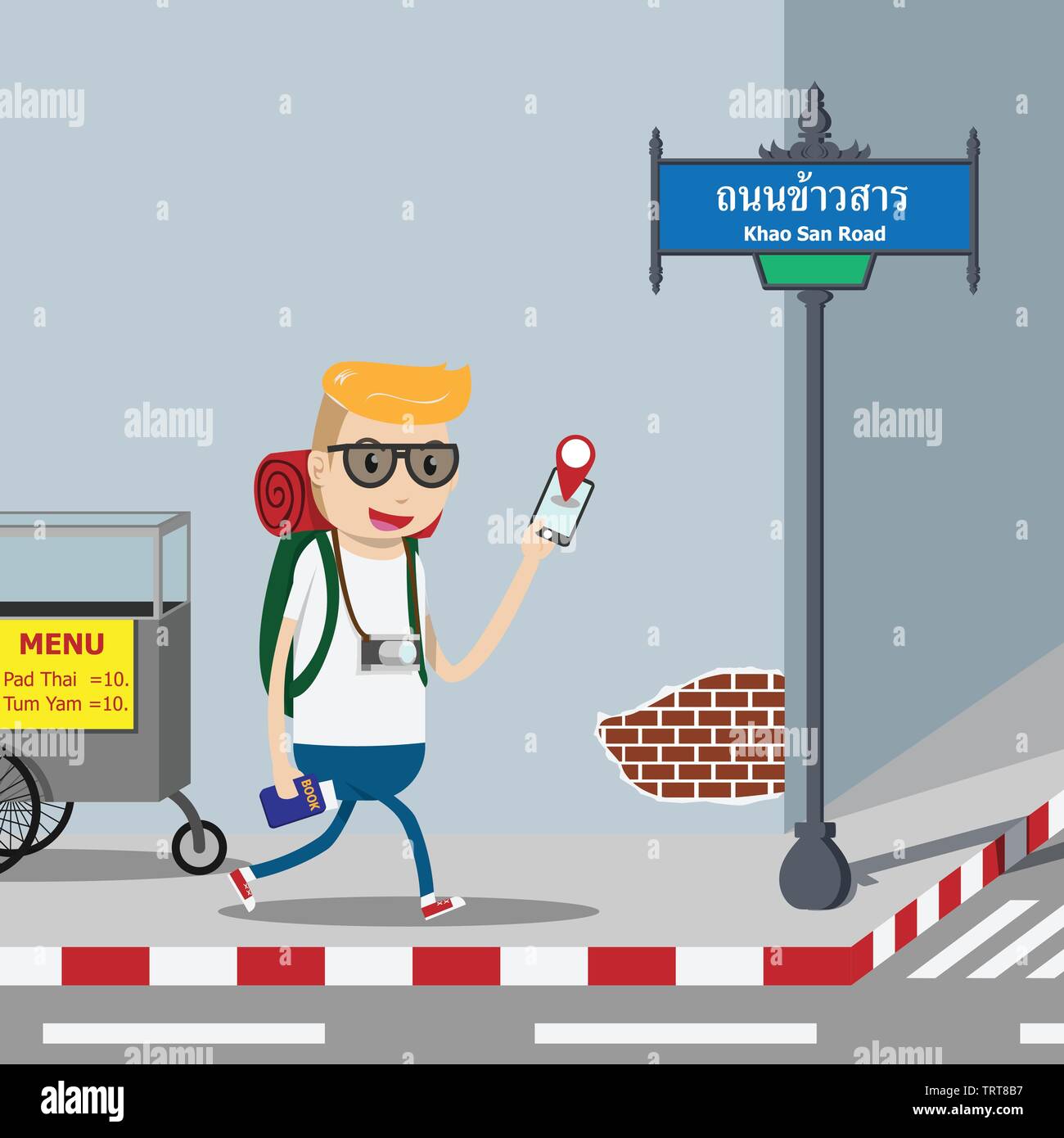 Backpacker Touristen mit Rucksack, Kamera und Buch führen über mobile Navigation Karte Anwendung auf Smart Phone für Reisende zu Fuß Richtung Informationen. Stock Vektor