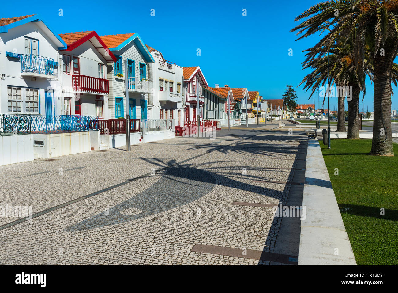 Palheiros typische Häuser, Costa Nova Strand, Aveiro, Venedig von Portugal, Beira Litoral, Portugal Stockfoto