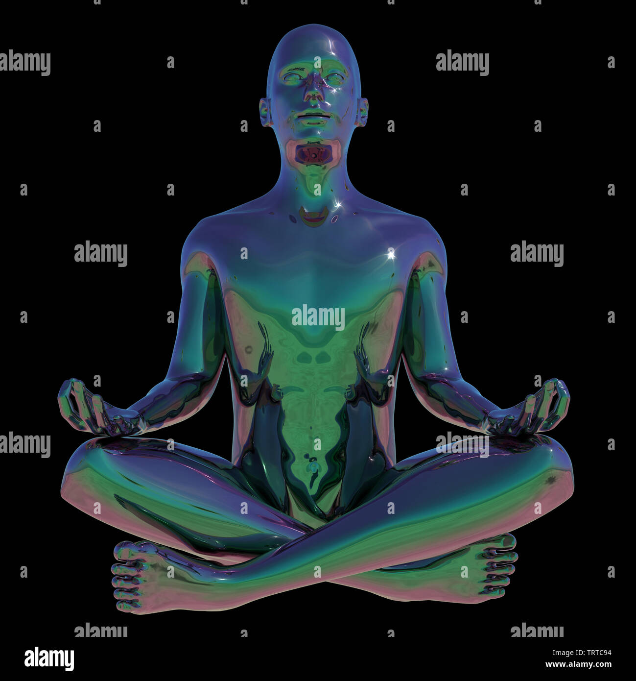 Yoga Lotussitz Mann stilisierte menschliche mentale Entspannung Charakter stilisiert. Körper Seele Geist zen Balance Konzept. Friedliche nirvana Symbol Metallic-Blau, poliert Stockfoto