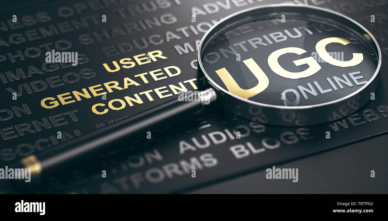3D-Darstellung einer Lupe über schwarzen Hintergrund mit dem Akronym UGC (User Generated Content). Online Marketing Konzept. Stockfoto