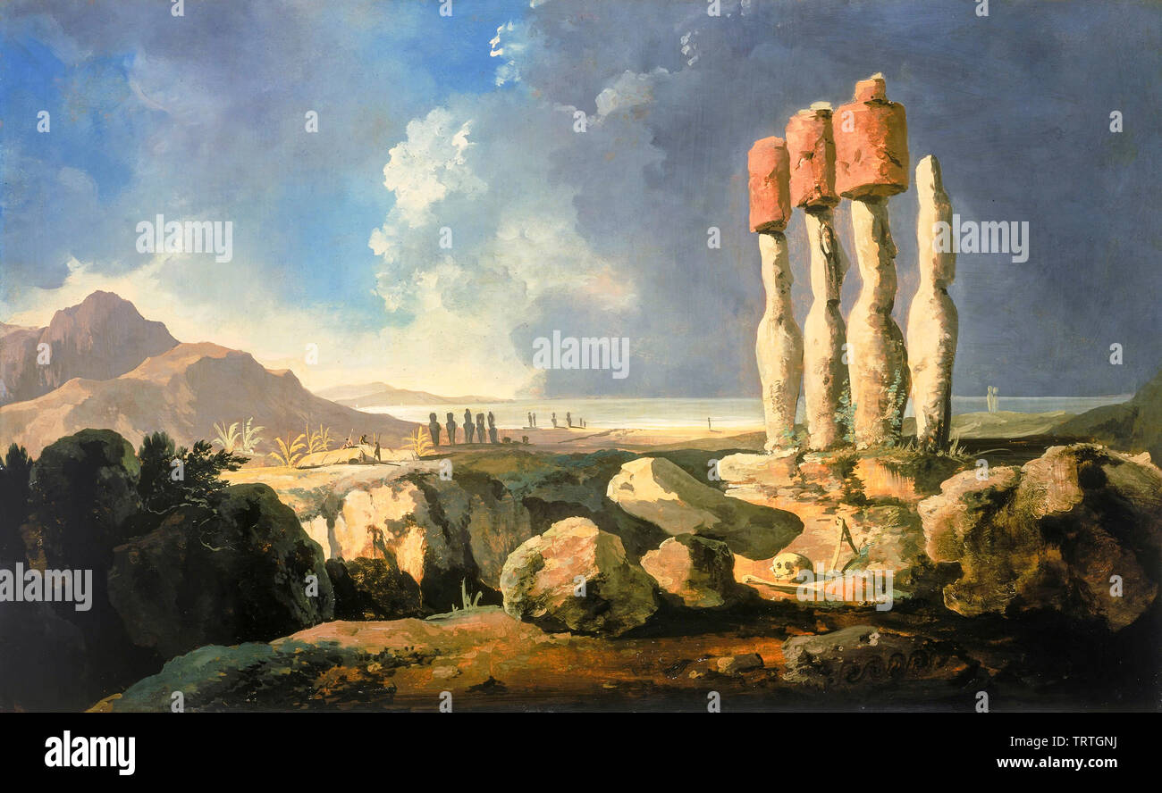 Ein Blick auf die Denkmäler von der Osterinsel, Rapanui, Malerei, 1795 Stockfoto