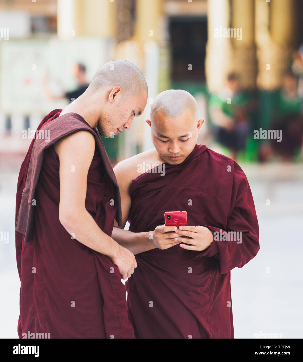 Yangon, Myanmar - März 2019: Junge buddhistische Novizen mit Minianwendungen in der Shwedagon Pagode Tempel komplex. Suchen auf Telefon angezeigt. Stockfoto