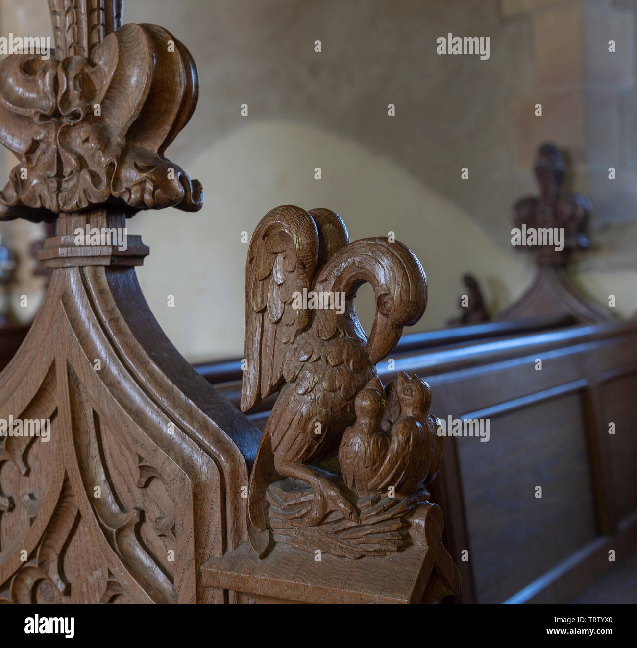 Geschnitzte pew Sitzbank endet in Allerheiligen Kirche, Hollesley, Suffolk, England, Großbritannien Stockfoto
