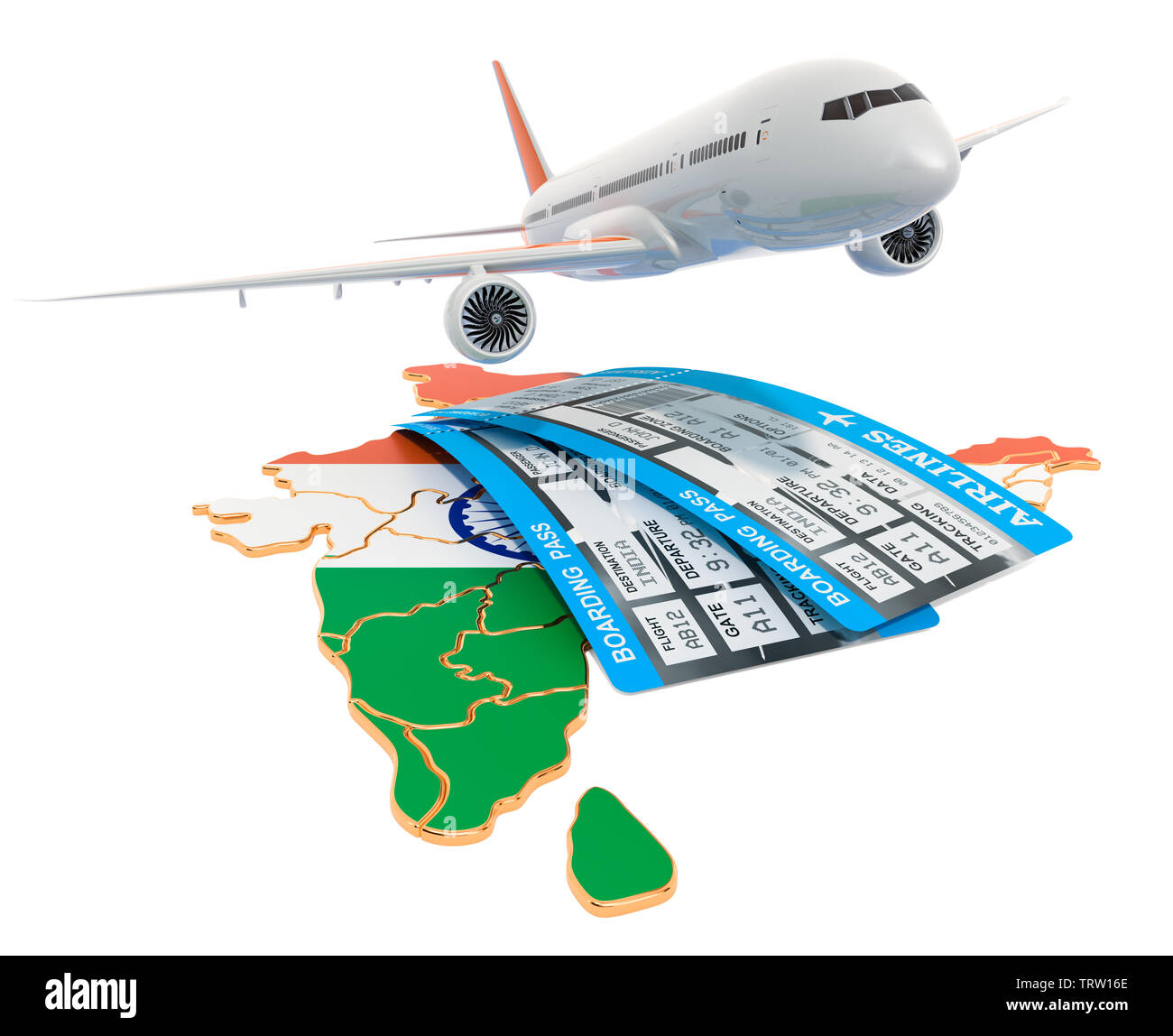 Flüge nach Indien Konzept. 3D-Rendering auf weißem Hintergrund Stockfoto