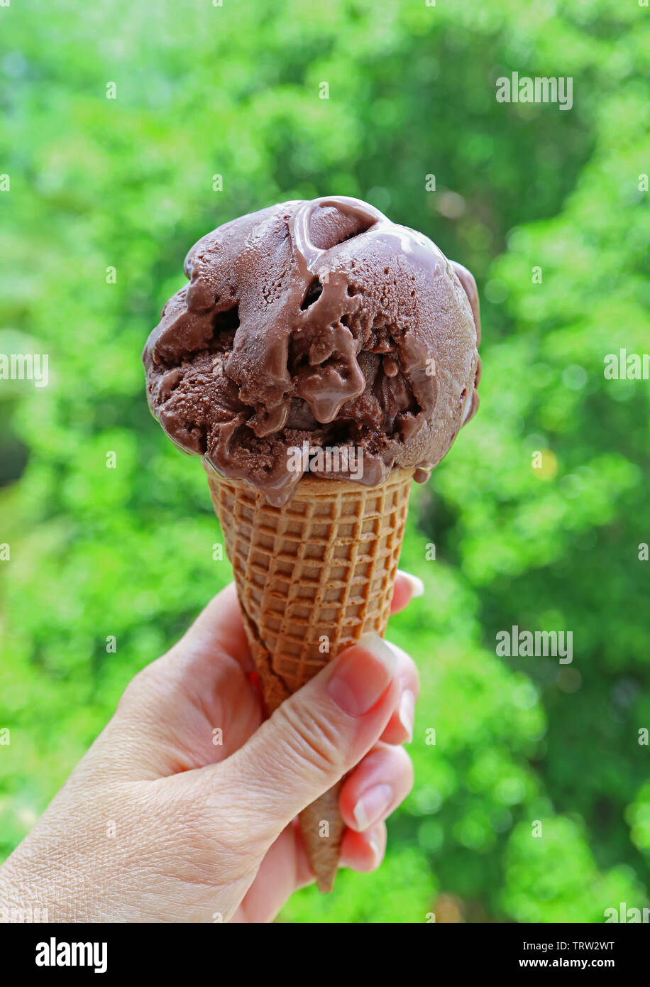 Hand mit Schokolade Eis in Kegel gegen Blurry Sunshine Garden Stockfoto