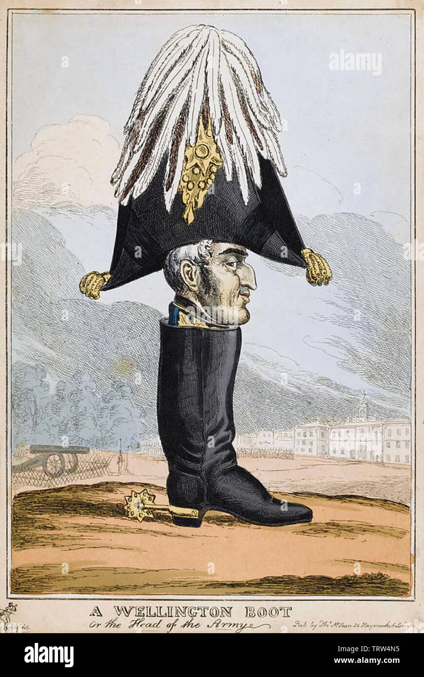 WELLINGTON BOOT CARTOON 1827 mit dem Herzog von Wellington als Leiter der britischen Armee mit Horse Guards Parade unten links Stockfoto