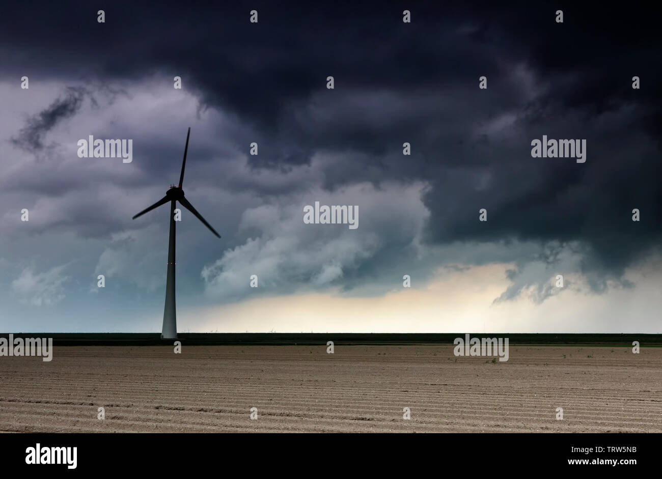 Dark storm Cloud über windturbine und Feld, Niederlande Stockfoto