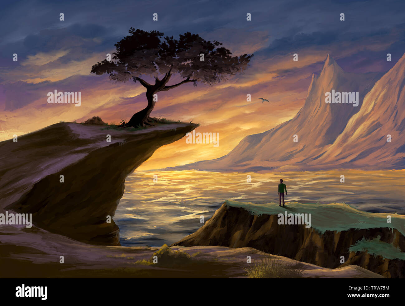 Marine bei Sonnenuntergang. Ein Baum steht auf einer Steilklippe. Digitale Malerei. Stockfoto