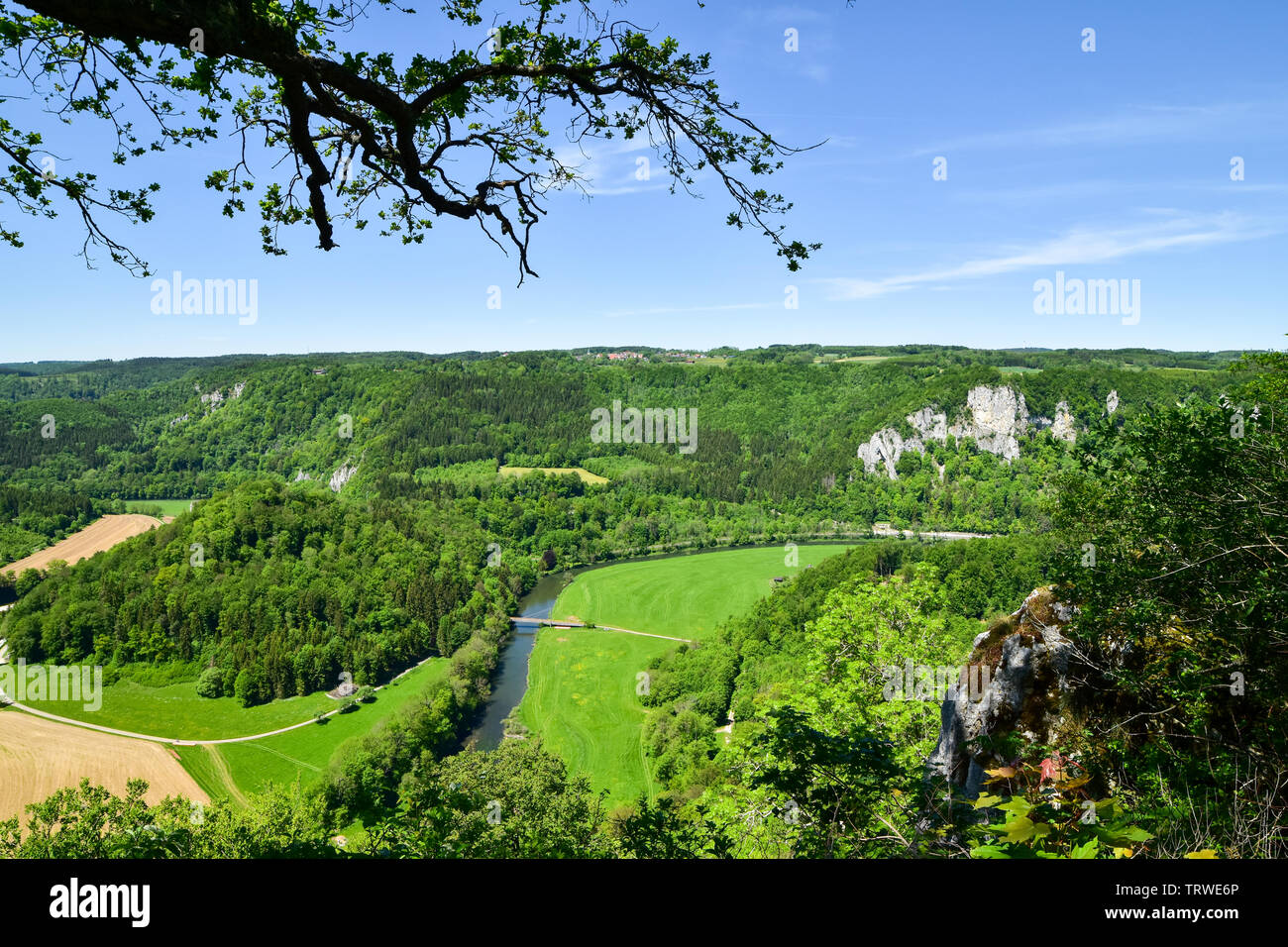 Malerische Aussicht auf das Donautal in der Nähe von Beuron, Baden-Württemberg, Deutschland, Europa. Stockfoto