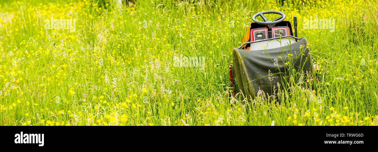 Eine vergessene und verlassenen Rasenmäher im langen Gras in ein Feld nach links. Stockfoto