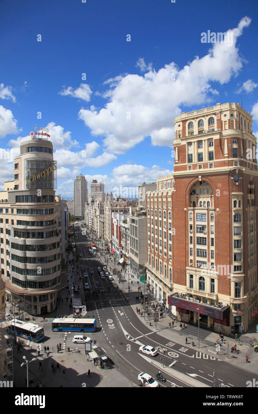 Spanien, Madrid, Gran Via, Edificio Aas, Palacio de La Prensa, Luftaufnahme, Stockfoto