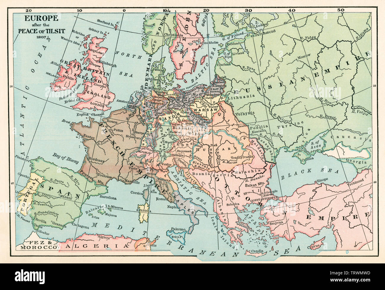 Karte von Europa nach dem Frieden von Tilsit, Napoleonische Kriege, 1807. Farblithographie Stockfoto