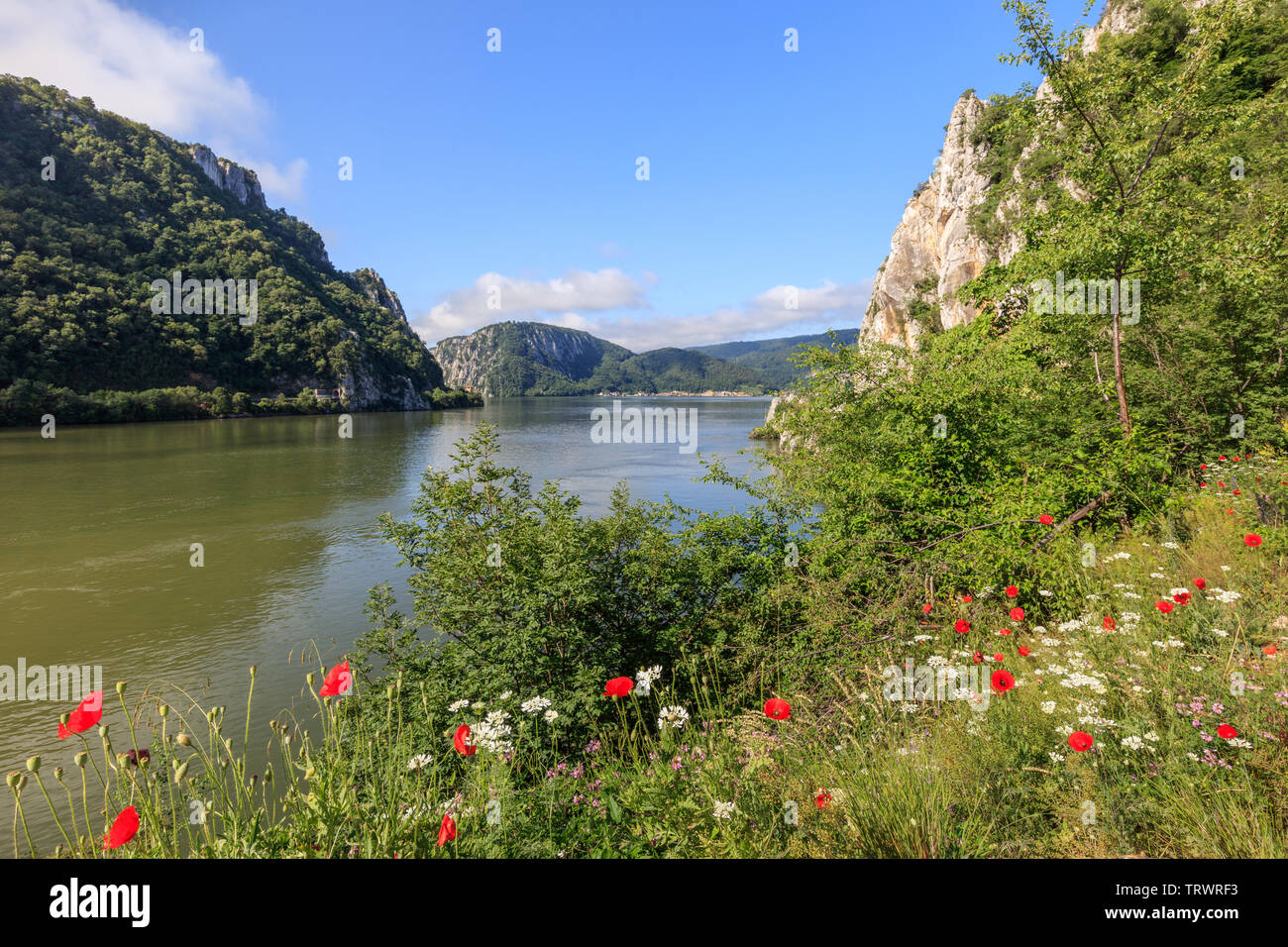 Landschaft in den Donau-Schluchten. Cazanele Mari von der rumänischen Seite gesehen Stockfoto