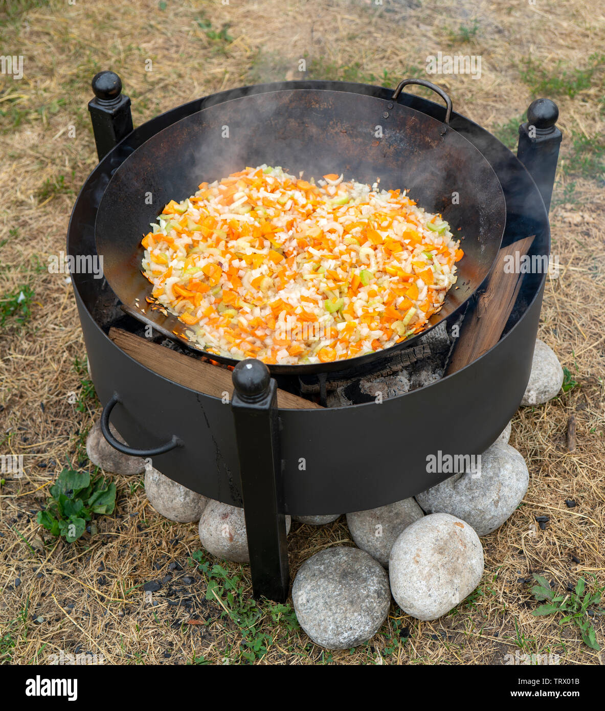 Kochen am offenen Feuer. Gedünstetem Gemüse in Brand. Stockfoto