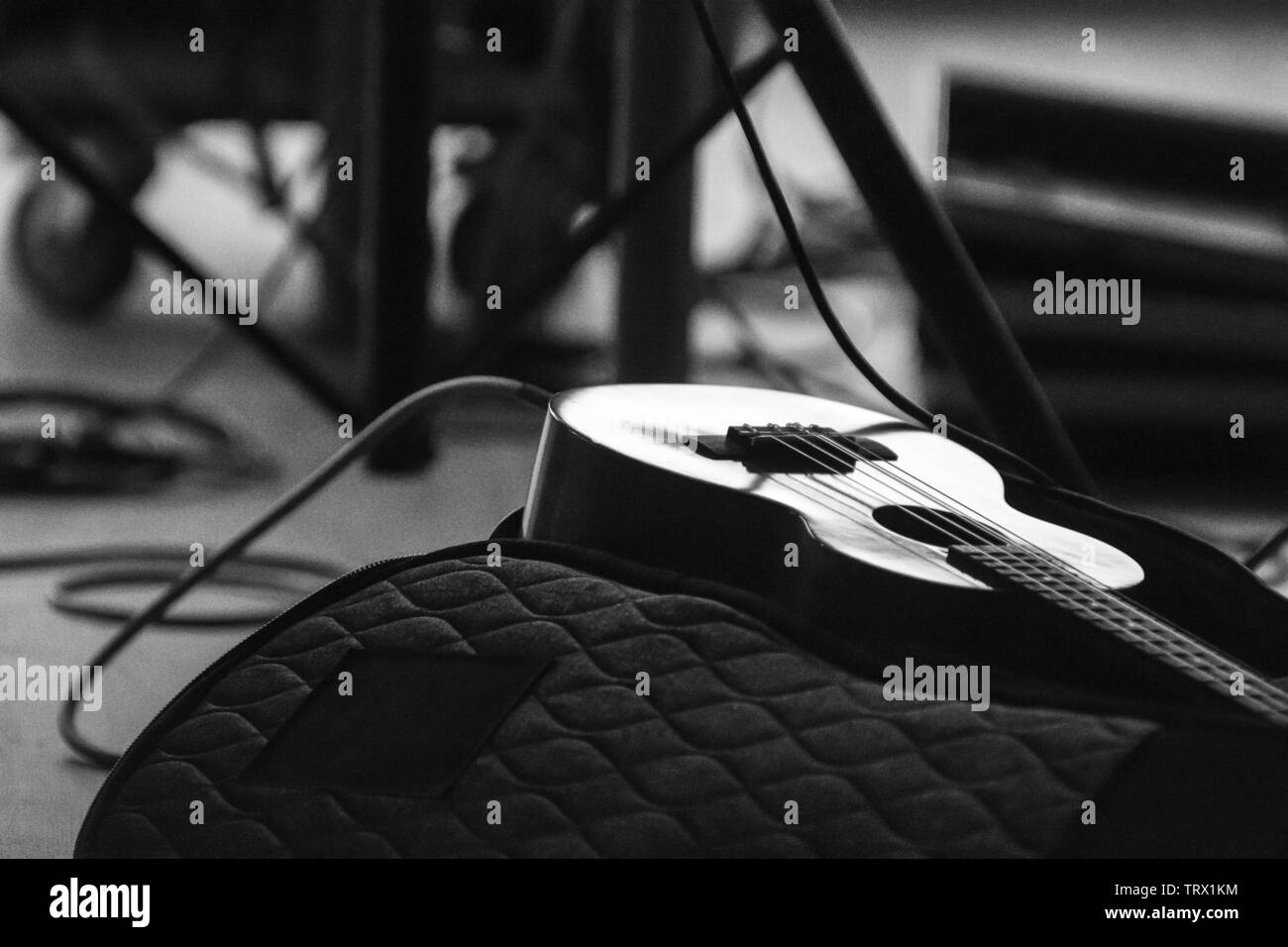 Eine Ukulele legt auf seinen Fall; angeschlossen und bereit zu gehen. Stockfoto