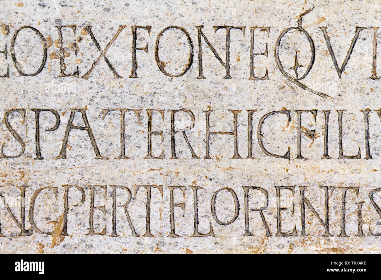 Rythmische Epitaph auf dem Marmor Grabstein der Lombard King Cuniperto (auch als Cuningpert, Cunicpert, Cuninopert) im Castello Visconteo, Pavia, ES. Stockfoto
