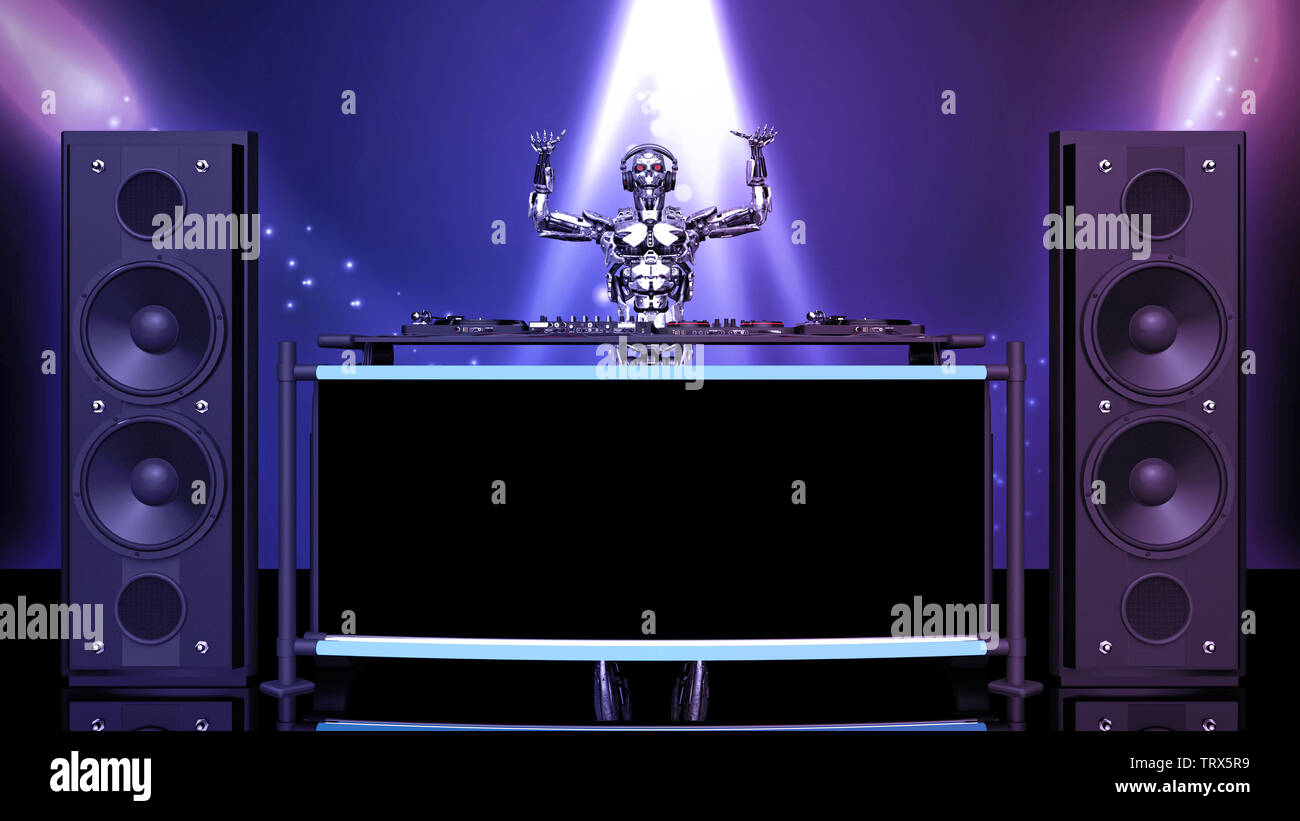 DJ-Roboter, disc jockey Cyborg mit Händen bis die Musikwiedergabe mit Plattenspieler, Android auf der Bühne mit Dj Audio Equipment, Vorderansicht, 3D-Rendering Stockfoto