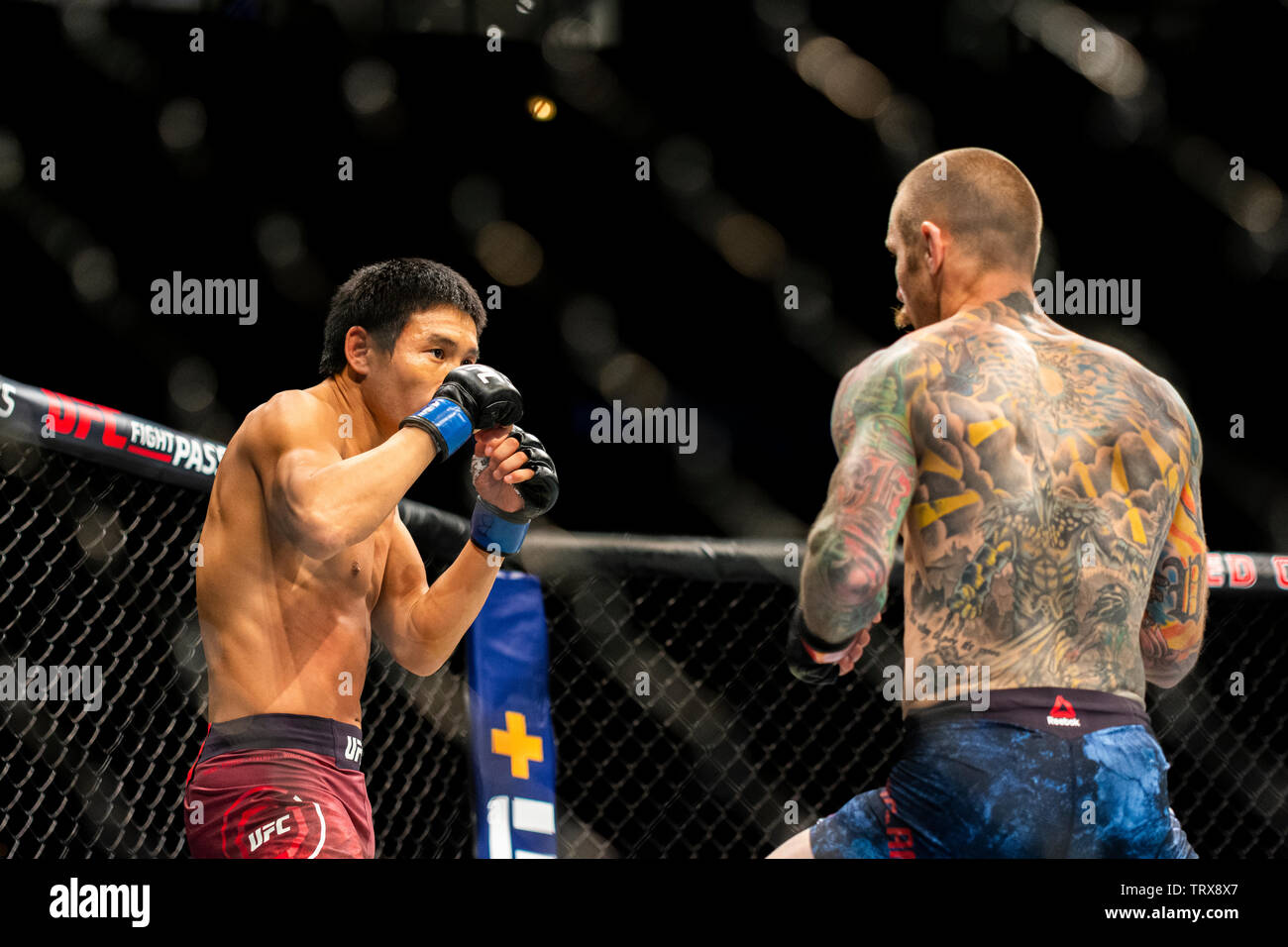 Chicago, IL, Vereinigte Staaten - 8. Juni 2019: Eddie Weinland Kampf gegen Grigorij Popov während der UFC 238 bei United Center. Stockfoto
