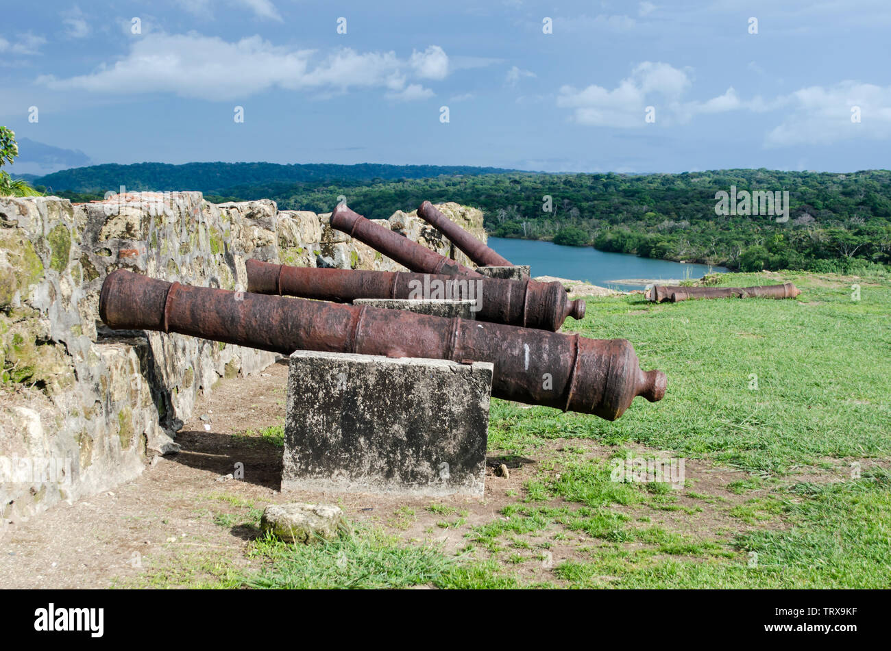 Alte Kanonen in Fort San Lorenzo, alte Kanonen in Fort San Lorenzo, wie sie im Juni 2019 aussahen, bevor die Stätte restauriert wurde Stockfoto