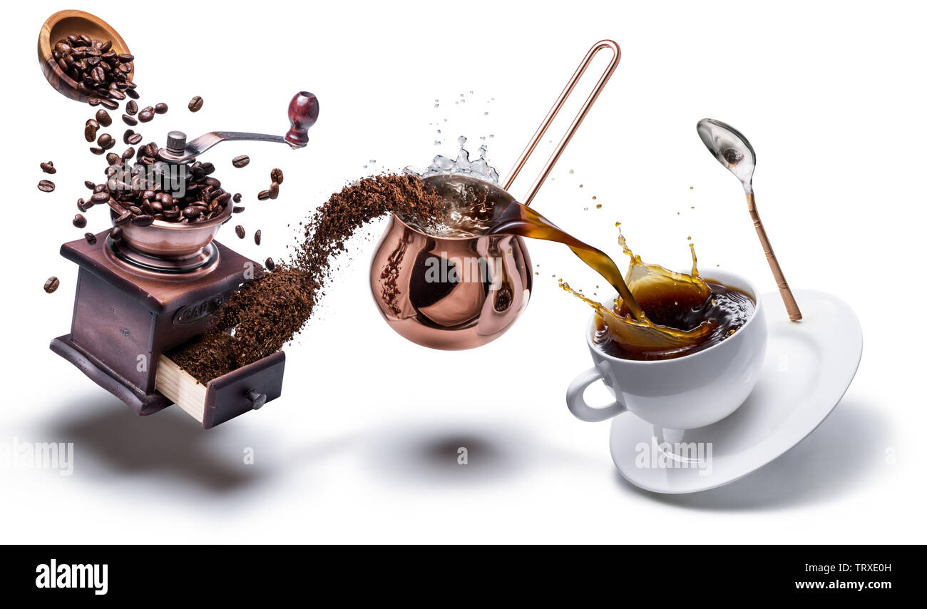 Kaffee Zubereitung. Konzeptionelle Foto - drehen Kaffeebohnen zu trinken. Stockfoto