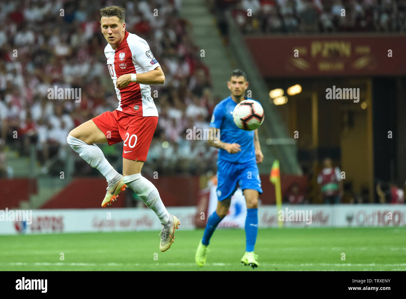 Warschau, Polen - 10. JUNI 2019: Qualifikation Euro 2020 match Polen - Israel 4:0. In aktion Piotr Zielinski. Stockfoto