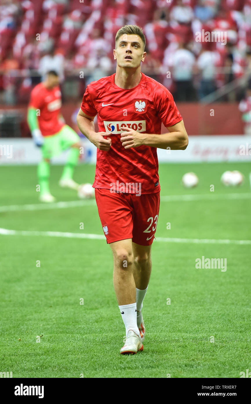 Warschau, Polen - 10. JUNI 2019: Qualifikation Euro 2020 match Polen - Israel 4:0. Krzysztof Piatek während des Warm-up. Stockfoto Warschau, Polen - 10. JUNI 2019: Qualifikation Euro 2020 match Polen - Israel 4:0. Krzysztof Piatek während des Warm-up. Stockfoto
