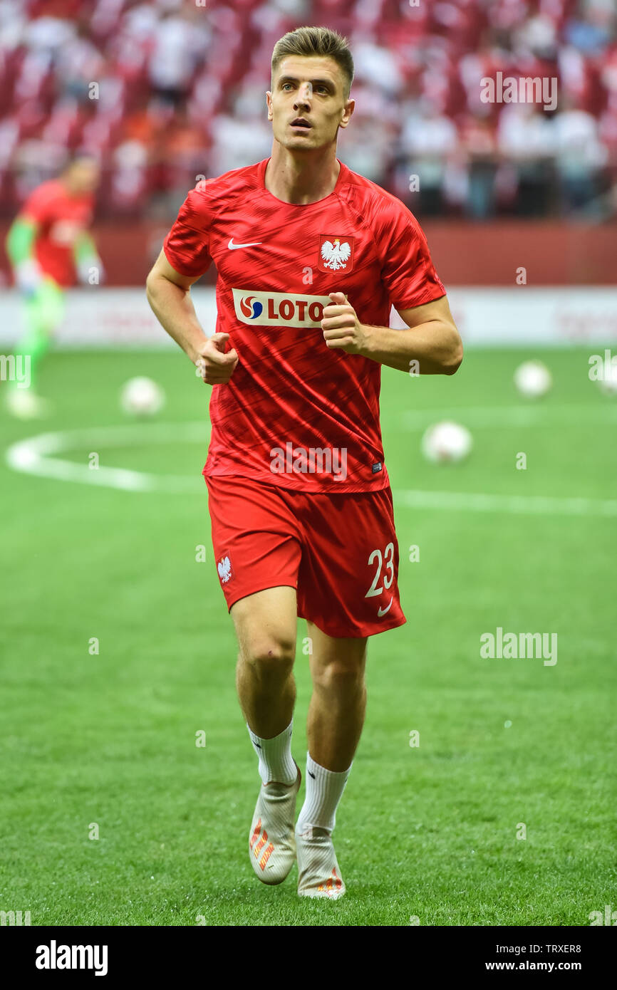 Warschau, Polen - 10. JUNI 2019: Qualifikation Euro 2020 match Polen - Israel 4:0. Krzysztof Piatek während des Warm-up. Stockfoto Warschau, Polen - 10. JUNI 2019: Qualifikation Euro 2020 match Polen - Israel 4:0. Krzysztof Piatek während des Warm-up. Stockfoto