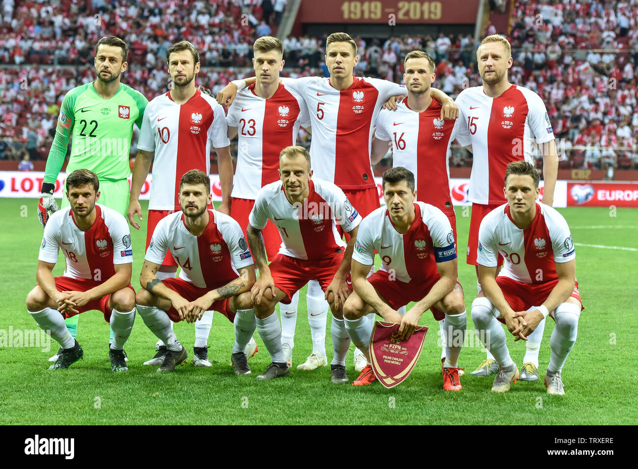Warschau, Polen - 10. JUNI 2019: Qualifikation Euro 2020 match Polen - Israel 4:0. Team aus Polen. Stockfoto