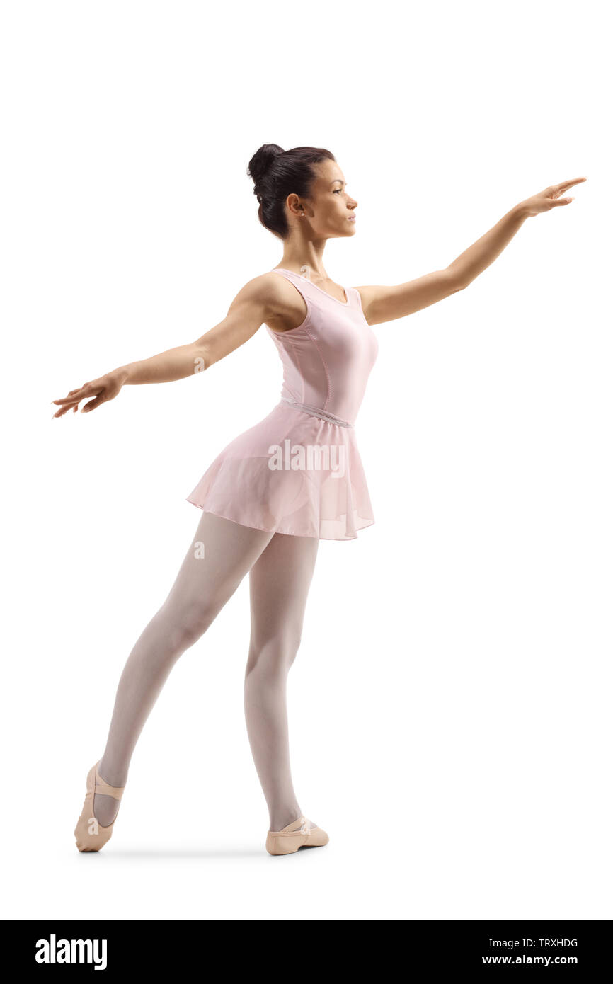 Volle Länge Schoß eines jungen anmutige Ballerina tanzen auf weißem Hintergrund Stockfoto