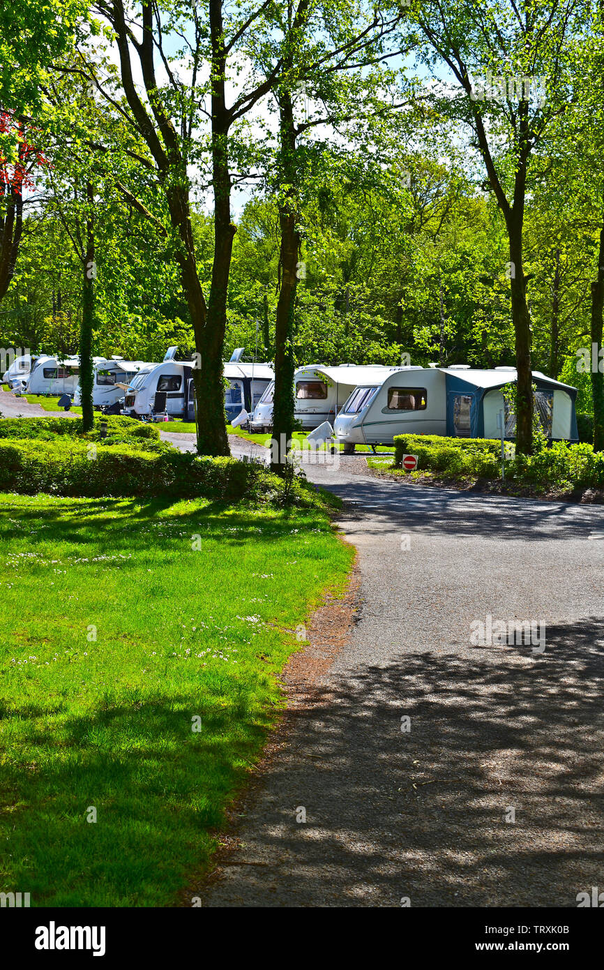 Ein Blick auf die modernen Wohnwagen am Schläge Ecke, einem ländlichen Campingplatz der Caravan & Reisemobil Club, in der Nähe von Honiton, Devon. Ruhigen Waldgebiet Lage. Stockfoto