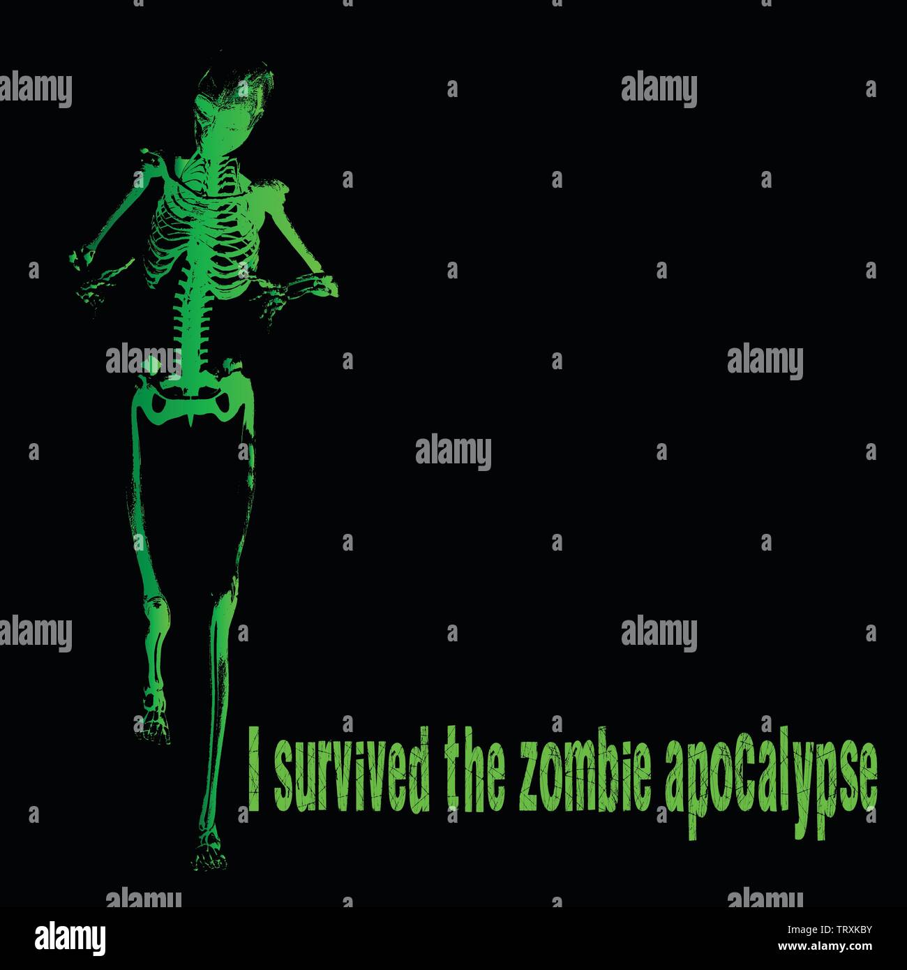 Eine grüne Skelett mit ausgestreckten Armen auf einem schwarzen Hintergrund und den Text ich Die Zombie Apokalypse überlebt Stock Vektor