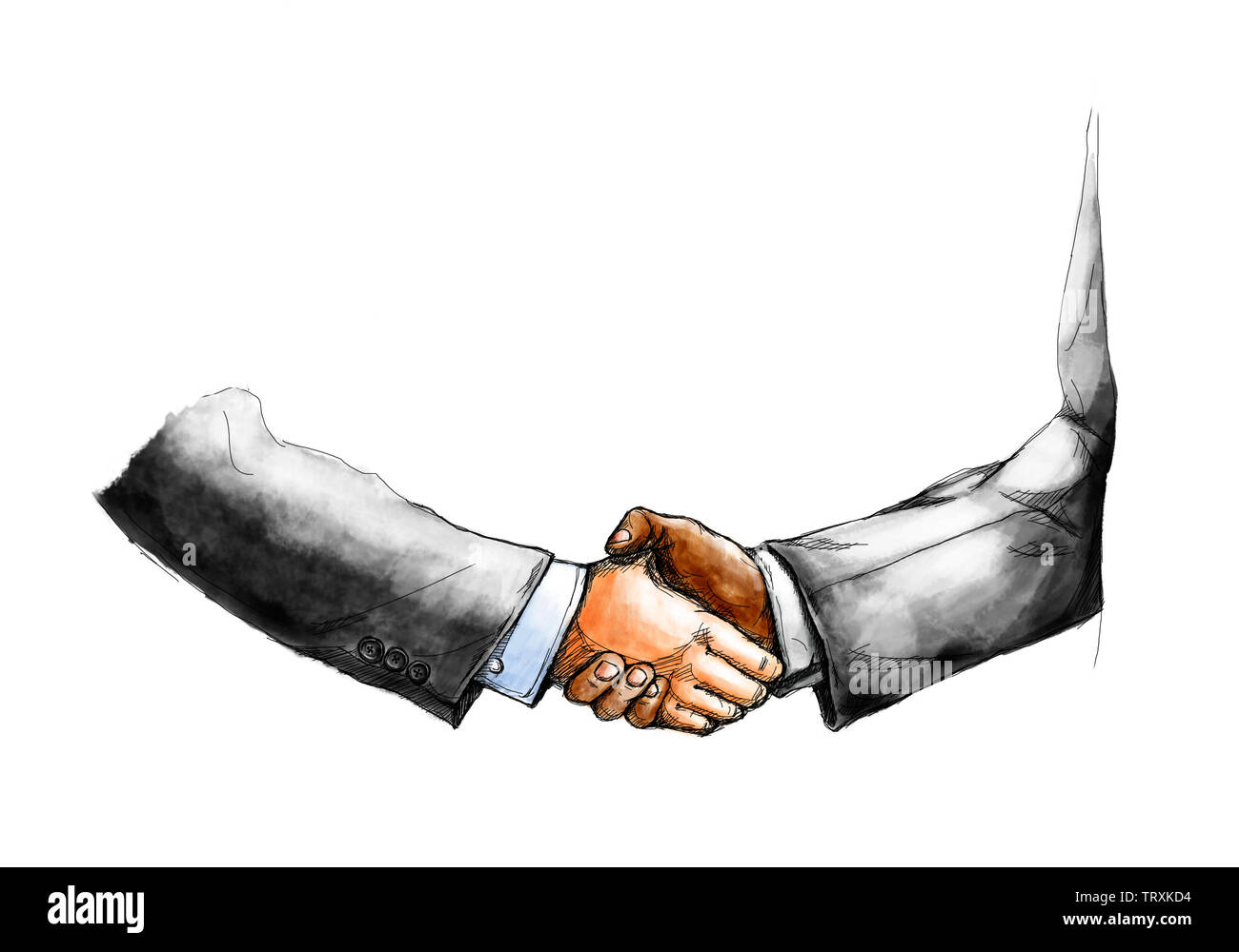 Kreative Zeichnung Skizze von zwei Geschäftsmann zitternden Hand gegenseitig für einen Deal machen. Nach der Einigung auf weißem Hintergrund Stockfoto