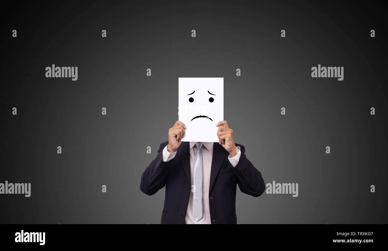 Unternehmer tragen Anzug mit Zeichnung Mimik Gefühle Gefühle auf weißem Papier Stockfoto