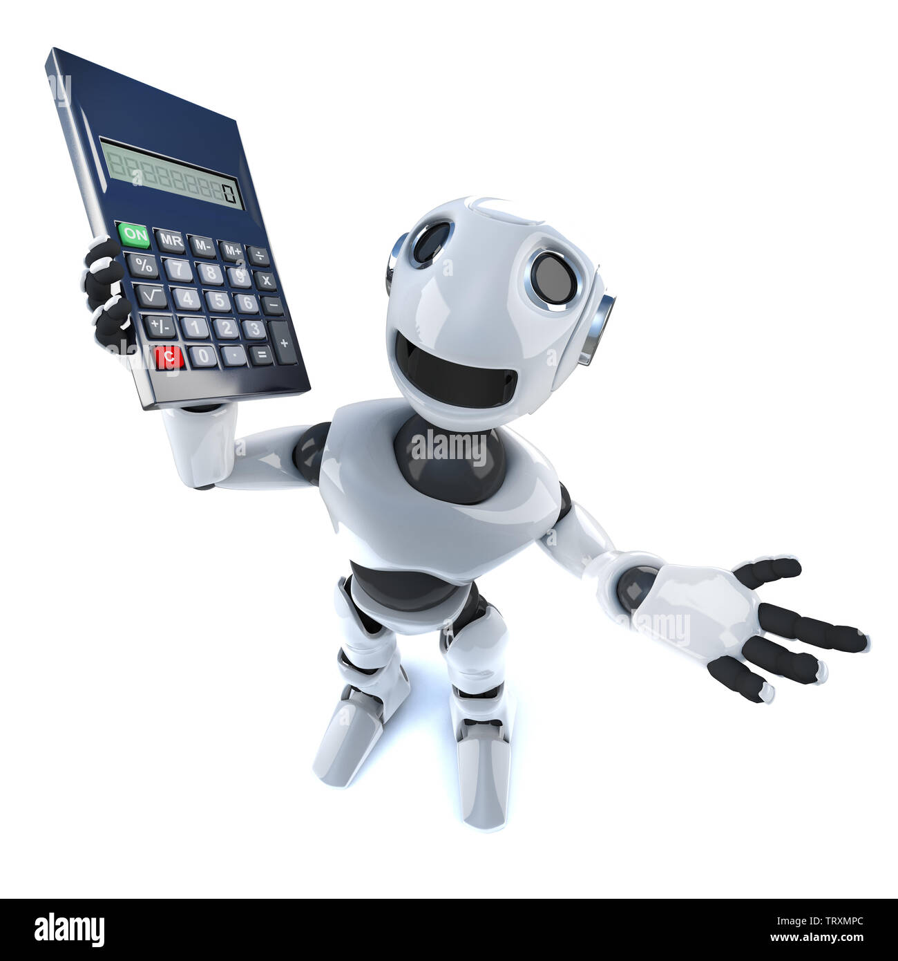 3D-Render von einem coolen Roboter mechanische Mann hält einen  Taschenrechner Stockfotografie - Alamy