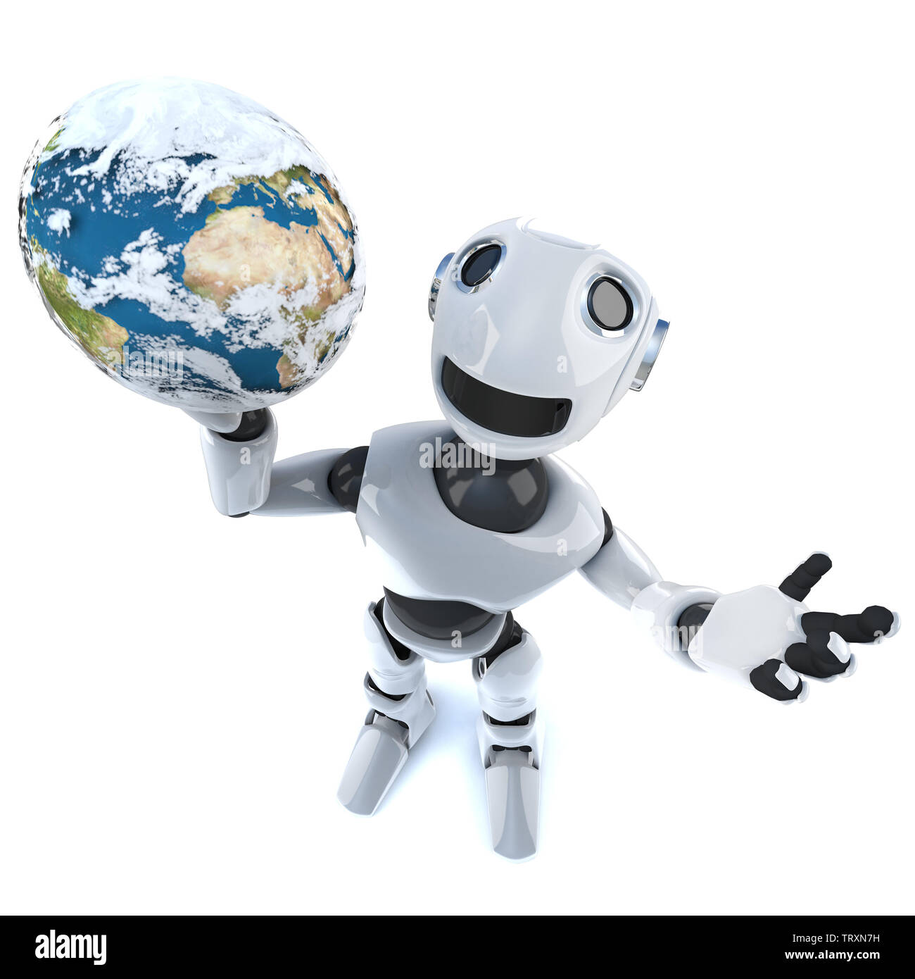 3D-Render von einem coolen Roboter mechanische Mann hält ein Globus der Welt Stockfoto