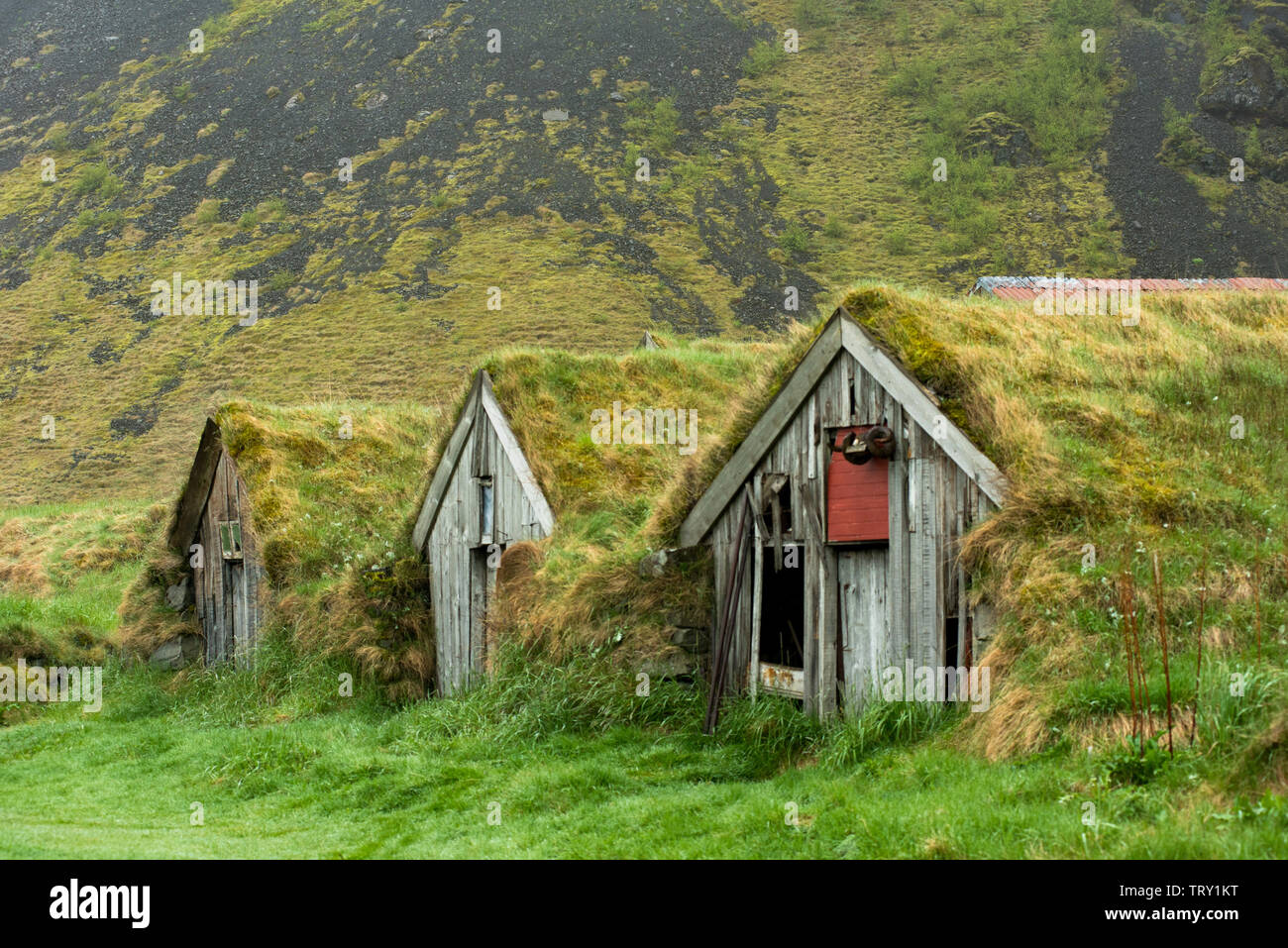 Abgebrochenen historischen Torfhaus landwirtschaftlichen Gebäuden in Nupsstadur, Island Stockfoto