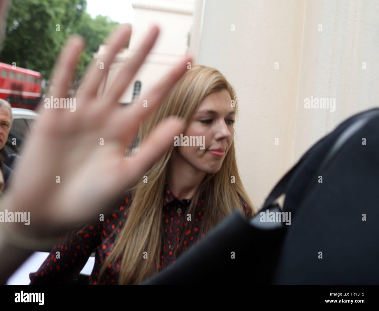 Bild zeigt: Carrie symonds Freundin von Boris Johnson für seine Führung starten in Pall Mall heute kommt mit Karikatur von ihm im Hintergrund pic Stockfoto