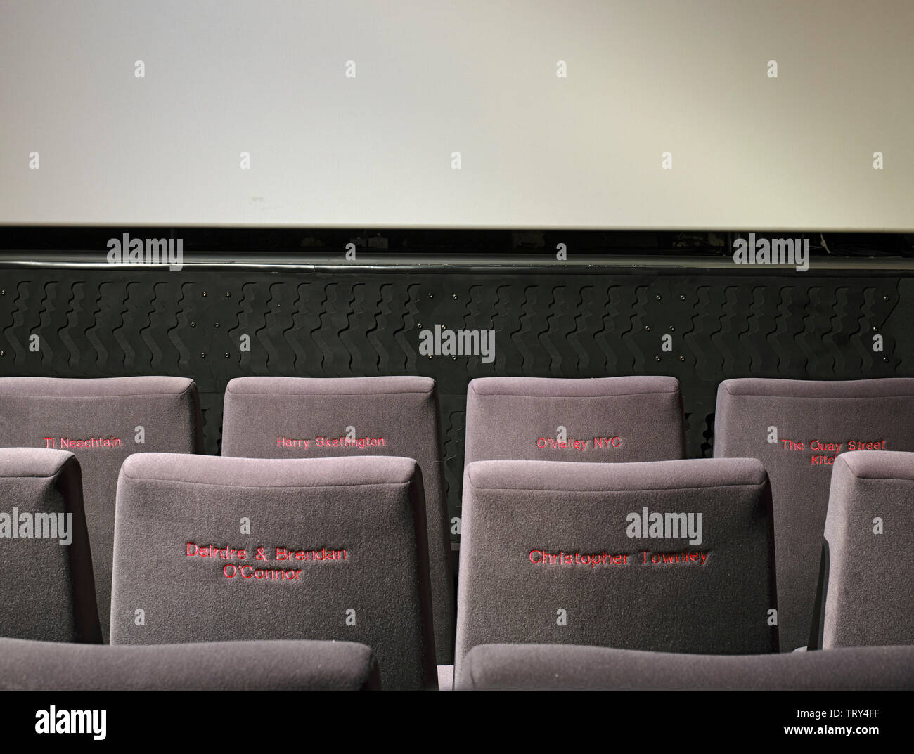 Screening Room Sitzplätze mit gesticktem sponsor Namen. Pálás Kino, Galway, Irland. Architekt: dePaor, 2017. Stockfoto