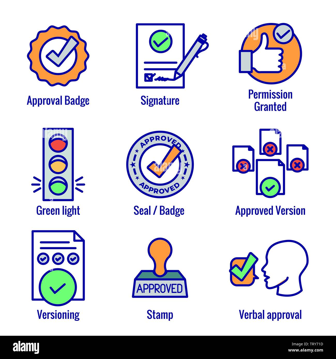 Genehmigung und Unterzeichnung Icon Set w Stempel und version Symbole Stock Vektor