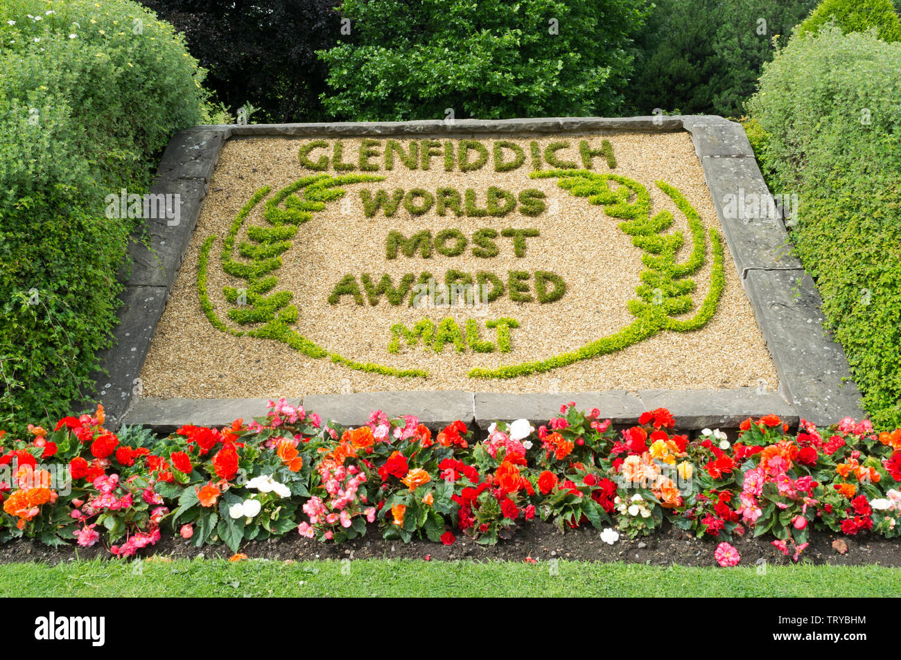 Blumenbeet an der Glenfiddich Distillery an Duff Stadt in Schottland Stockfoto